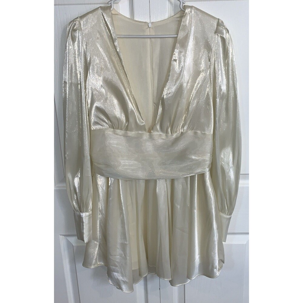 Babydoll Pleated Mini Dress L Satin Cream Plunge Coquette Wedding Party Club